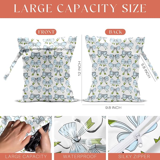 4 Pack Cute Blue Bow Watercolor Bow Wet Bag Waterproof Reusable Wet Dry Bag for Swimsuit Dirty Clothes Diaper Beach Pool Party Camping Gift for Women Mama Best Friend Nurse Week Valentine Christmas