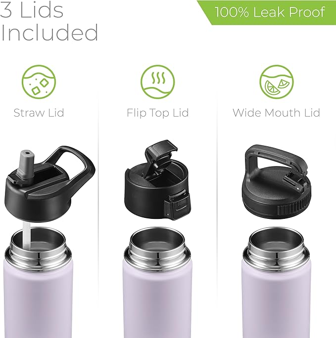 SipX™ 18 oz Insulated Water Bottle with 3 Lids – Leakproof Stainless Steel, Triple Insulated – Cold 24 Hours/Hot 12 Hours – Durable Bottle for School, Gym, Travel – Purple