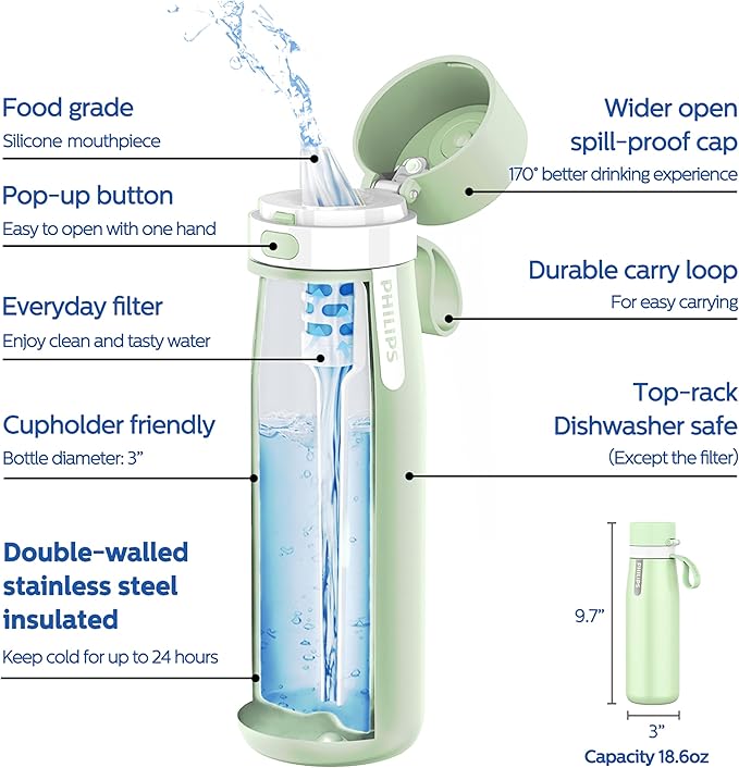 PHILIPS Water Bottle with Filter, Filter Water Bottle Stainless Steel with GoZero Everyday BPA-Free Tap Water Filter, Water Filter Bottle Keep Drink Cold 24 Hours, 1 Filter for 40 gal / 2 Months