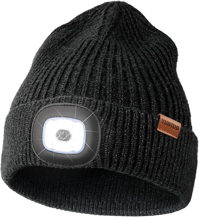 YunTuo LED Beanie with The Light, Unisex USB Rechargeable Headlamp Winter Knitted Cap Gifts for Men Dad Husband Him