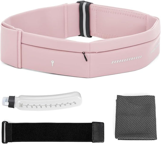 Lsnisni Slim Running Belt for Men and Women, Running Waist Pack with Water Bottle & Towel, Multi Pocket Fanny Pack - Phone Holder, Adjustable for Running, Climbing - Medium - Pink