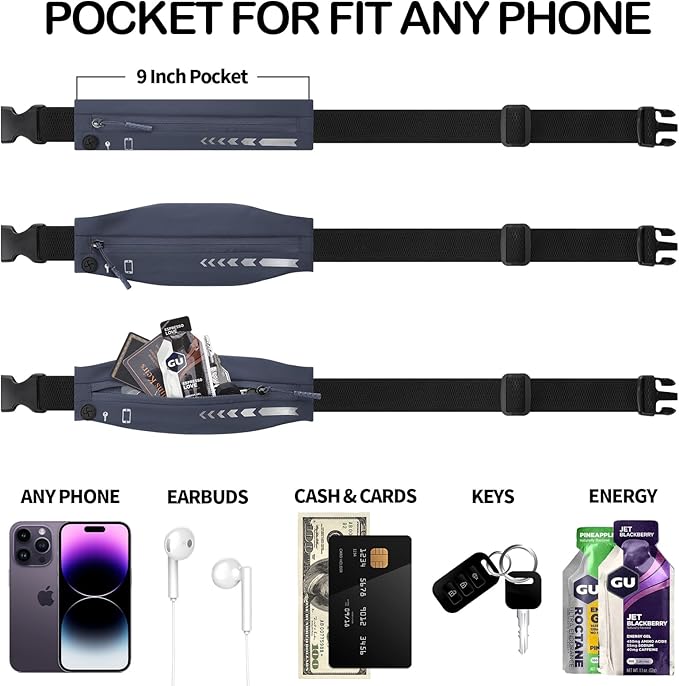 USHAKE Slim Running Belt for Women Men-Runners Phone Holder Fanny Pack, Adjustable, Bounce Free Waist Pouch bag for Workout, Money Belt, Run Gear Accessories Dark Grey