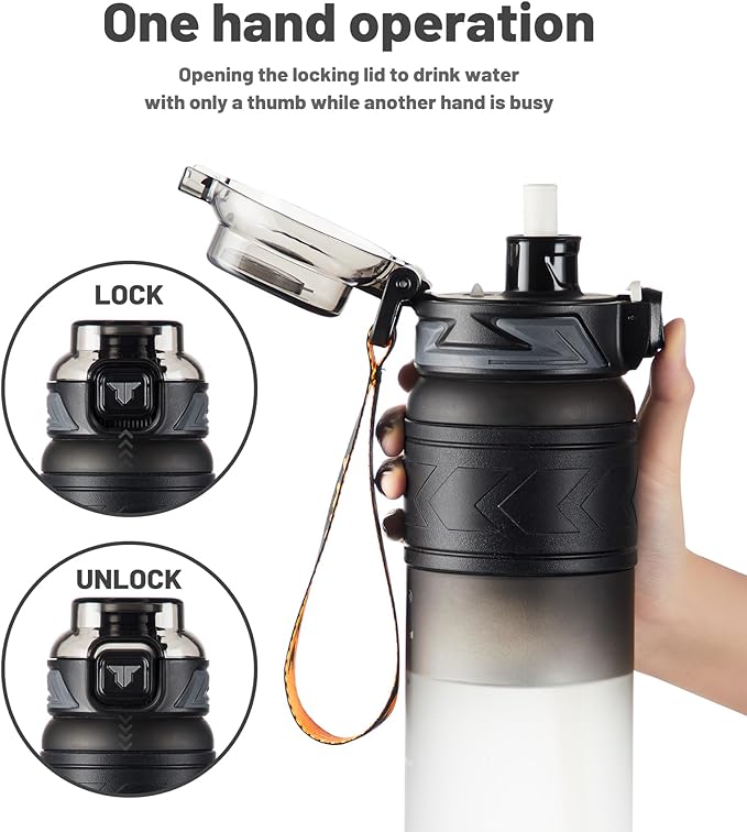 TKK Sports Water Bottles with Removable Straw 34 oz Leak-proof Flip Top Lid BPA Free Tritan Bottles with Strap for School, Fitness, Gym, Outdoor, Black-White