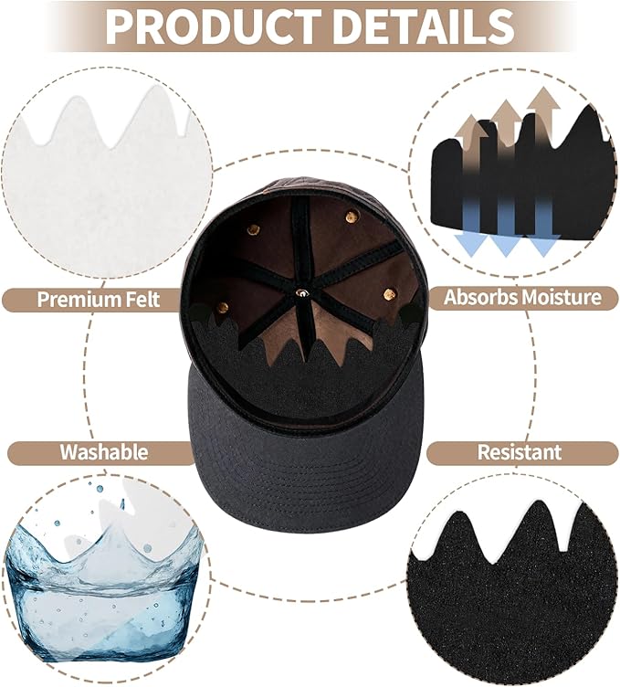 20 PCS Baseball Caps Inserts, Felt Reusable & Washable hat liners sweat protection,sweat liners for baseball caps,hat shaper, hat insert to keep shape, golf hat sweat liner(Black & White)