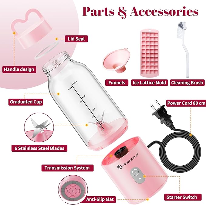 2PCS Portable Personal Blender 17 OZ/500 ML Juicer, 175W Personal Size Blender, Ideal for Smoothies, Ice Blending, Juicing, and Food Processing, Compact, Convenient, and Versatile (Pink&White)