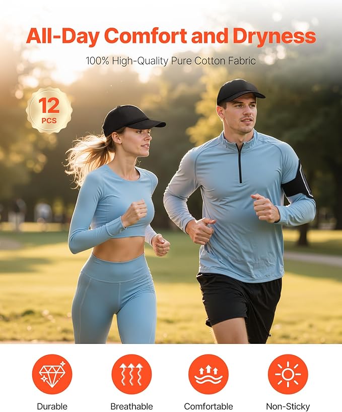 VEVOR Baseball Cap, Plain Baseball Hat with Breathable Pure Cotton Fabric, Adjustable Size, Blank 12 Pack Bulk Caps Ideal for Running, Workouts or Outdoor Activities, 12 Pcs, Black