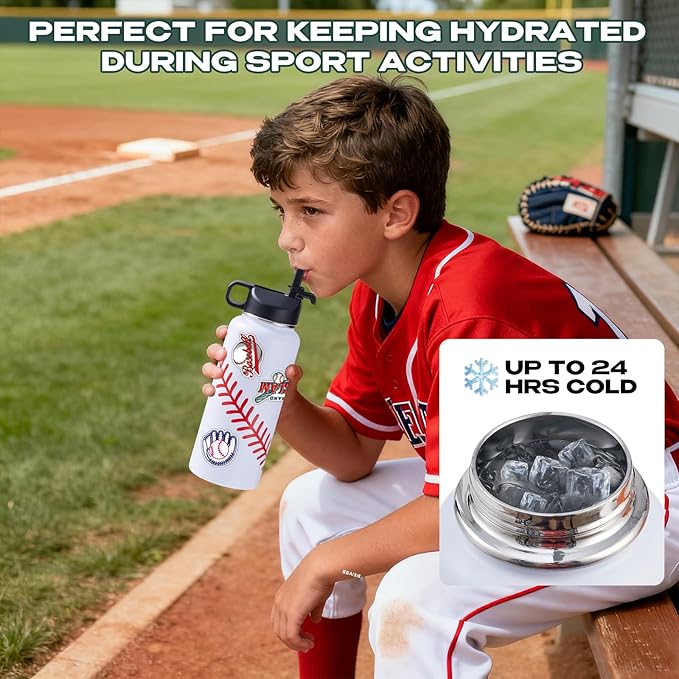 Baseball Water Bottles for Boys 32 oz and 100 PCS Baseball Stickers Sports Insulated Stainless Steel Water Bottle Baseballs Accessories Stuff Gear Gifts For 8-12 12-14 Player