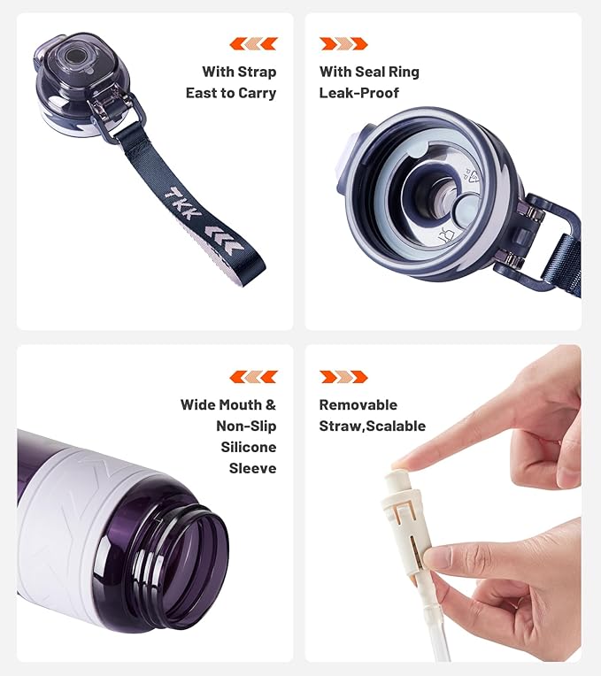 TKK Sports Water Bottles with Removable Straw 29 oz Leak-proof Flip Top Lid BPA Free Tritan Bottles with Strap for School, Fitness, Gym, Outdoor, Purple