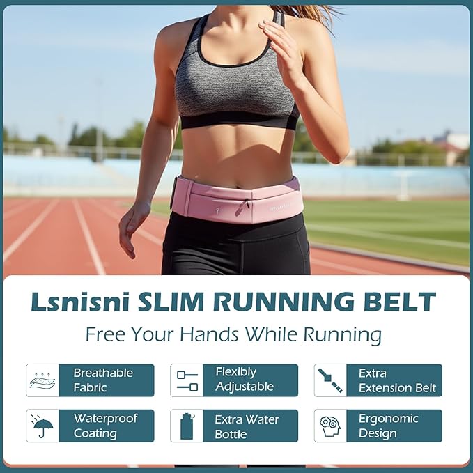 Lsnisni Slim Running Belt for Men and Women, Running Waist Pack with Water Bottle & Towel, Multi Pocket Fanny Pack - Phone Holder, Adjustable for Running, Climbing - Medium - Pink