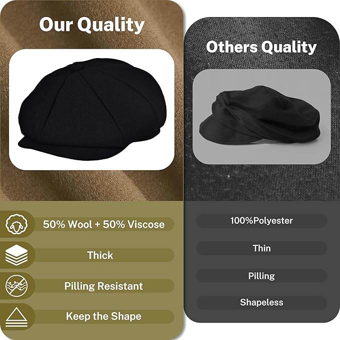 KUJUHA Wool Newsboy Cap for Men Flat Irish Cabbie Ivy Gatsby Newsboy Driving Hat Hunting Cap