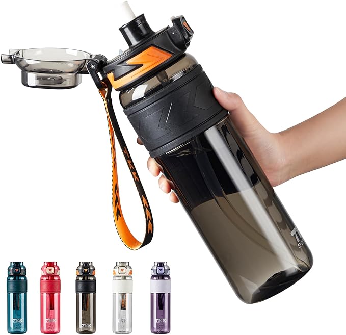 TKK Sports Water Bottles with Removable Straw 34 oz Leak-proof Flip Top Lid BPA Free Tritan Bottles with Strap for School, Fitness, Gym, Outdoor, Black