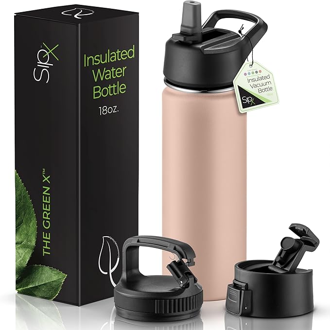 SipX™ 18 oz Insulated Water Bottle with 3 Lids – Leakproof Stainless Steel, Triple Insulated – Cold 24 Hours/Hot 12 Hours – Durable Bottle for School, Gym, Travel – Pink