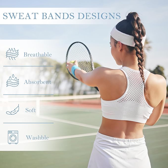 4 Pack Headbands for Men, Sweat Bands Headbands Men & Women, Cotton Terry Sweat Bands for Tennis, Basketball, Running, Gym, Working Out