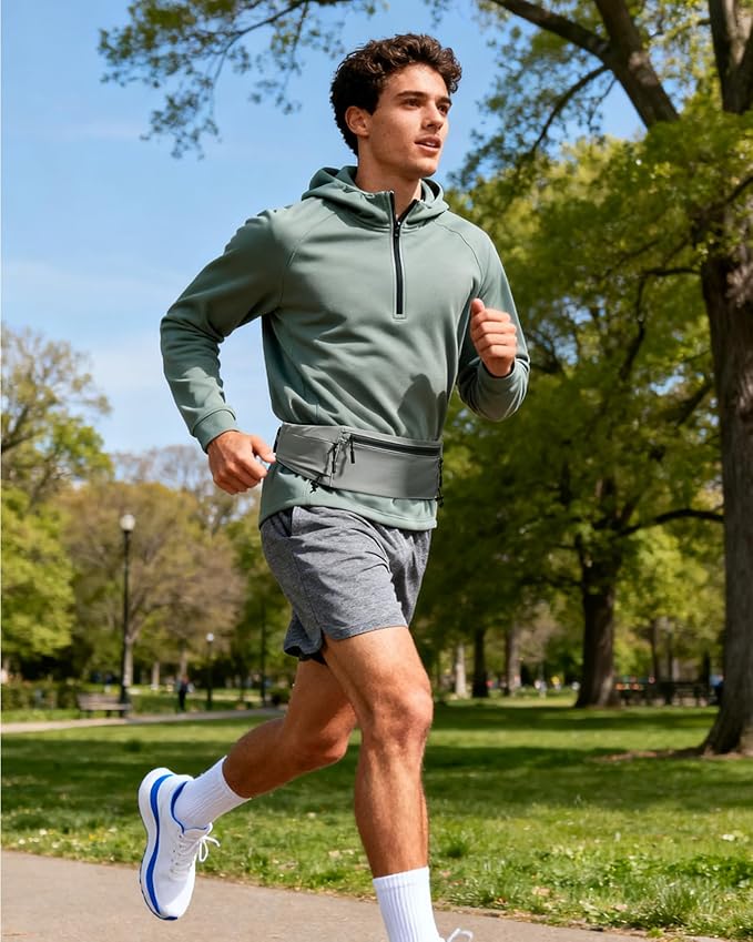 WATERFLY Running Belt Fanny Pack: Breathable 3 Pocket Waist Bag for Men Women Workout Exercise Fitness Phone Holder Fits All Phones - Runner Marathon Jogging Race Belt with Bib Clip Gray