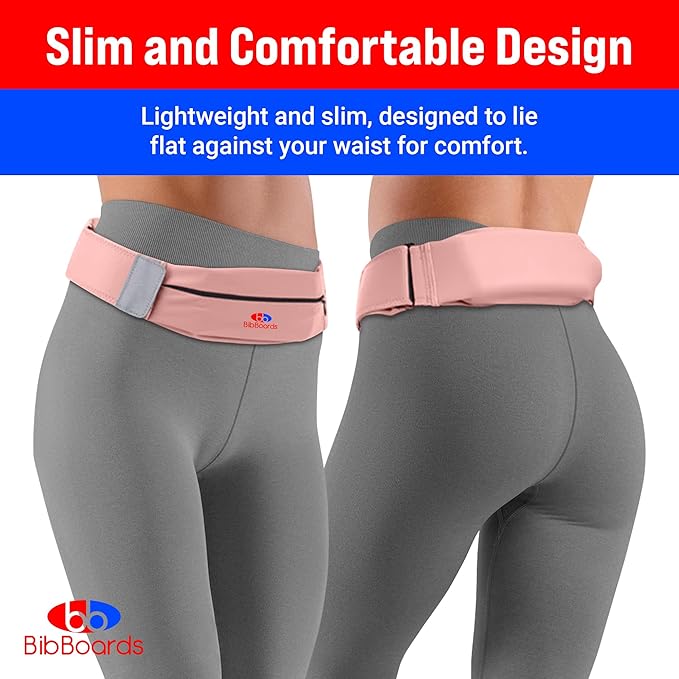 BibBoards Running Belt, Pink | No-Bounce, Water & Sweat-Resistant Fanny Pack for Phone, Keys, Cards | Adjustable Waist 38”-48” | Lightweight for Running, Cycling, Hiking, Marathons and Races