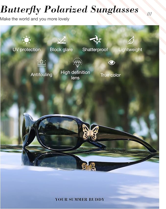 IGnaef Polarized Sunglasses for Women, Trendy Wrap Around Jackie-O Style with Butterfly Decoration IF022
