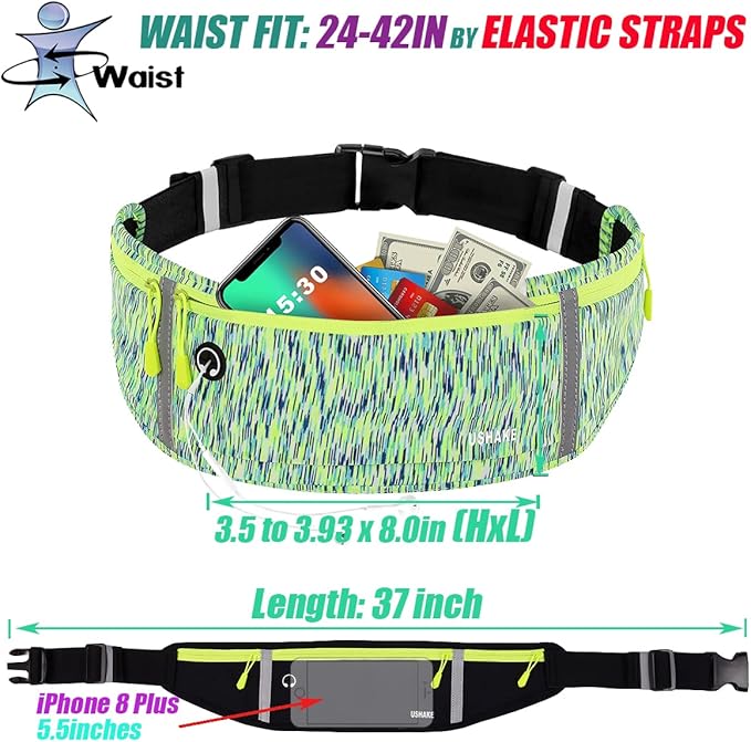 USHAKE Slim Running Belt, Workout Fanny Pack for Men Women,Exercise Waist Pack for Apple iPhone Holder, Runner Belt for Running Walking Cycling Camping Gym