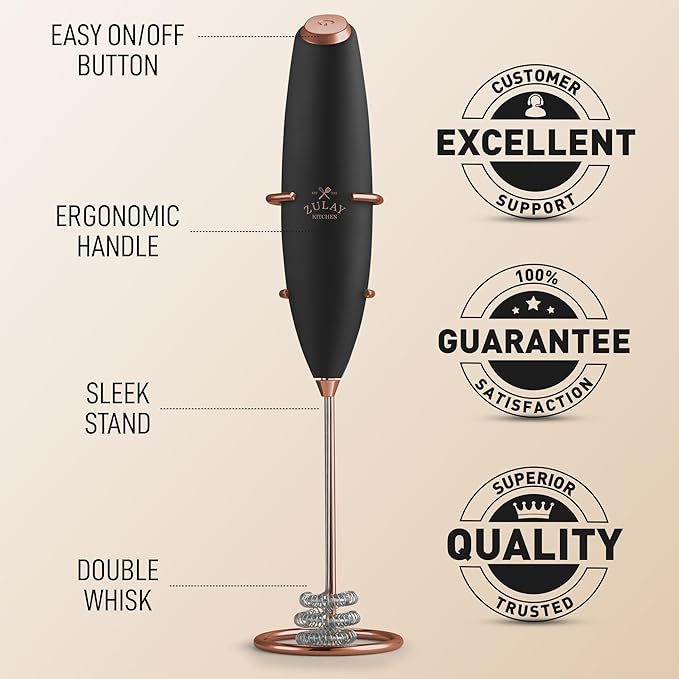 Zulay Kitchen Tornado Whisk Milk Frother with 4 AA Duracell Batteries - Triple Whisk for More Power - Handheld Coffee Frother with Stand - Drink Mixer for Lattes, Matcha & Protein Shakes
