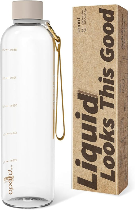 Opard Slim Water Bottle 32oz, Dishwasher Safe Plastic Water Bottle BPA-Free, Leakproof Screw Top, Clear Cream, Reusable for Travel School Sport Gym Hiking