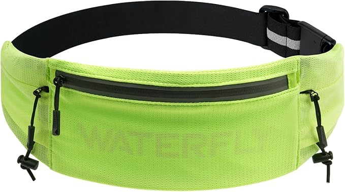 WATERFLY Running Belt Fanny Pack: Breathable 3 Pocket Waist Bag for Men Women Workout Exercise Fitness Phone Holder Fits All Phones - Runner Marathon Jogging Race Belt with Bib Clip Yellow