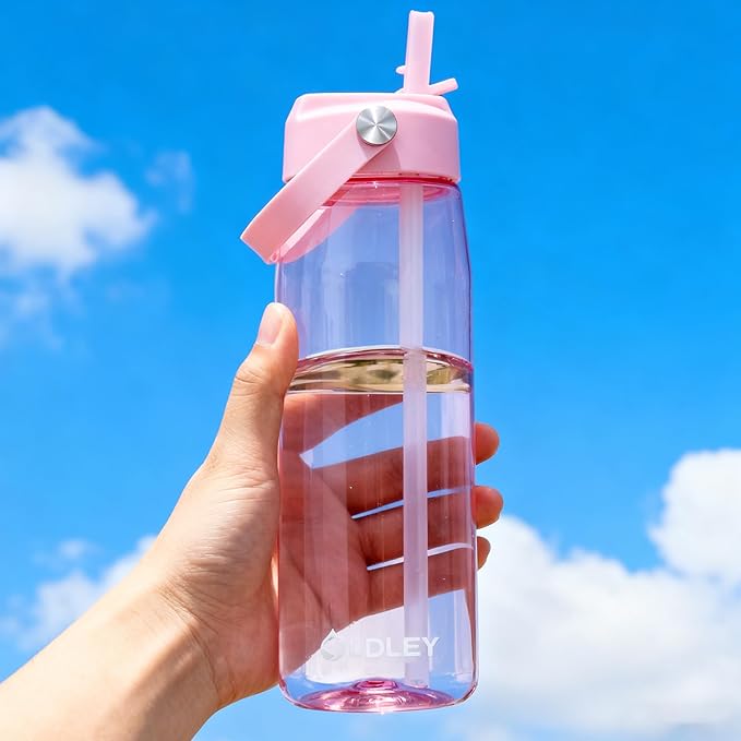 OLDLEY 32 oz Water Bottle with Straw, Leakproof Sports Water Bottle with Carry Strap, BPA-Free Large Water Bottles for Home,Travel, School, Outdoors, Gym, Tritan,Pink