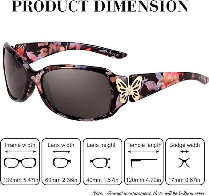 IGnaef Polarized Sunglasses for Women, Trendy Wrap Around Jackie-O Style with Butterfly Decoration IF022