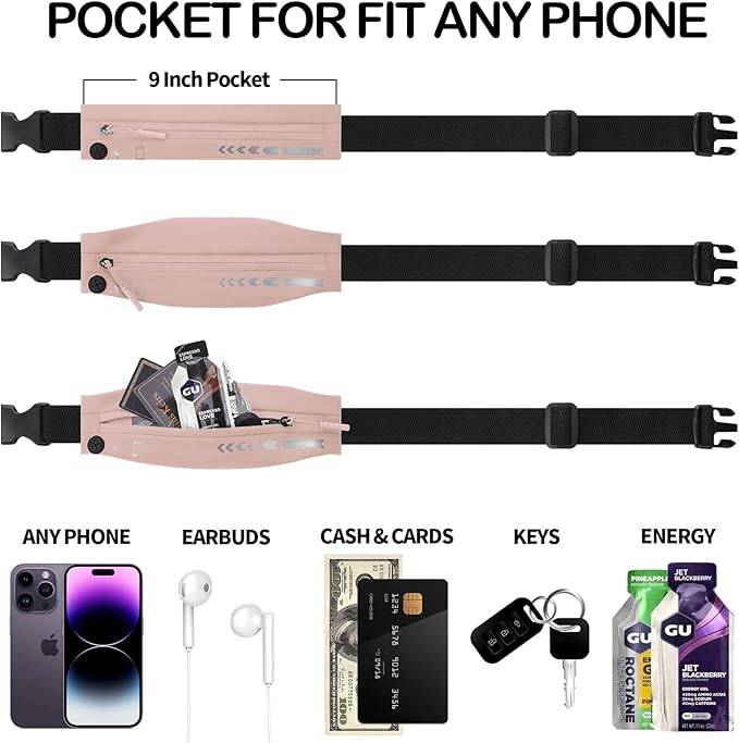 USHAKE Slim Running Belt for Women Men-Runners Phone Holder Fanny Pack, Adjustable, Bounce Free Waist Pouch bag for Workout, Money Belt, Run Gear Accessories Pink