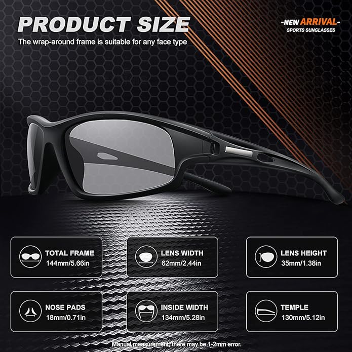 Polarized Sports Sunglasses for Men 100% UV Protection Wrap Around Unbreakable Sun Glasses for Fishing Driving
