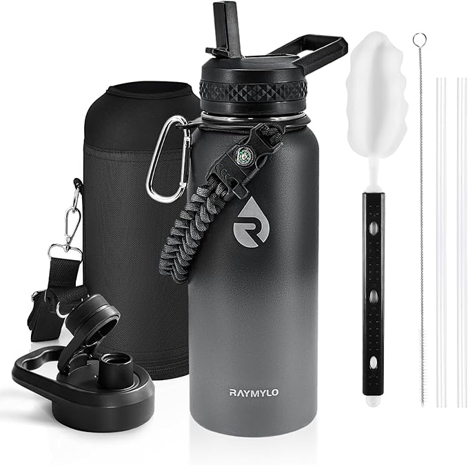 Insulated Water Bottle 32 oz, Triple Wall Vacuum Stainless Steel (Cold for 48 Hrs), Leak Proof & Non-BPA, Modern Water Flask Jug with Paracord Handle & Straw Spout Lids, Dark Grey