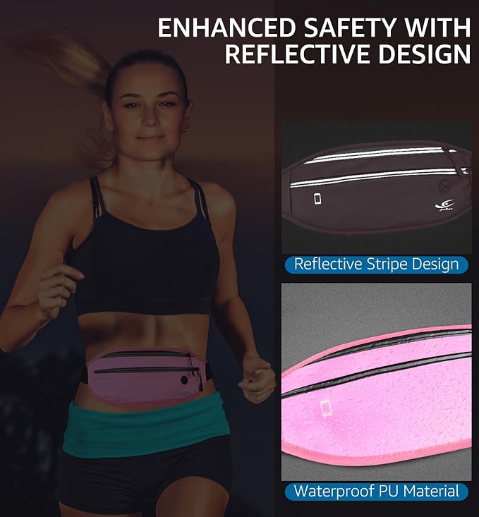 HiRui Slim Fanny Pack for Men Women, Adjustable Exercise Waist Pack Reflective Running Belt for Sports Workout Cycling Hiking, Casual Hands-Free Wallets Phone Bag Fits All Phones (Pink)