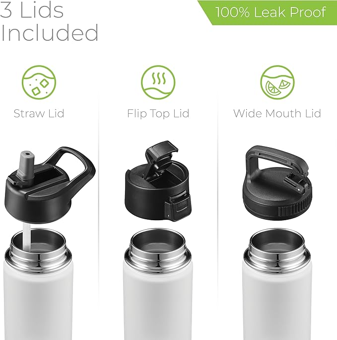 SipX™ 18 oz Insulated Water Bottle with 3 Lids – Leakproof Stainless Steel, Triple Insulated – Cold 24 Hours/Hot 12 Hours – Durable Bottle for School, Gym, Travel – White