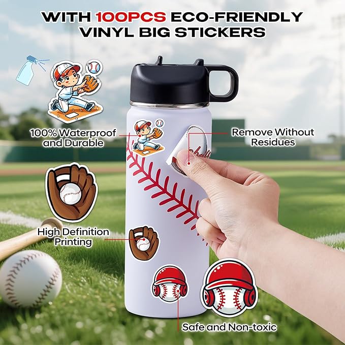 Baseball Water Bottles for Boys 18 oz and 100 PCS Baseball Stickers Sports Insulated Stainless Steel Water Bottle Baseballs Accessories Stuff Gear Gifts For 8-12 12-14 Player