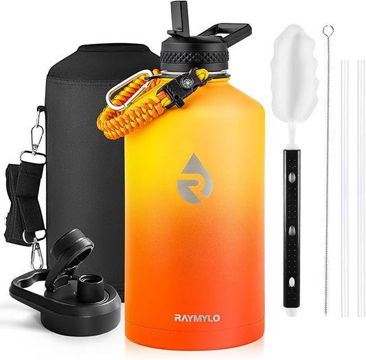 One Gallon Water Bottle Insulated, Triple Walled Vacuum Stainless Steel (Cold for 48 Hrs), Leak Proof & Non-BPA, Large Water Flask Jug with Paracord Handle & Straw Spout Lids