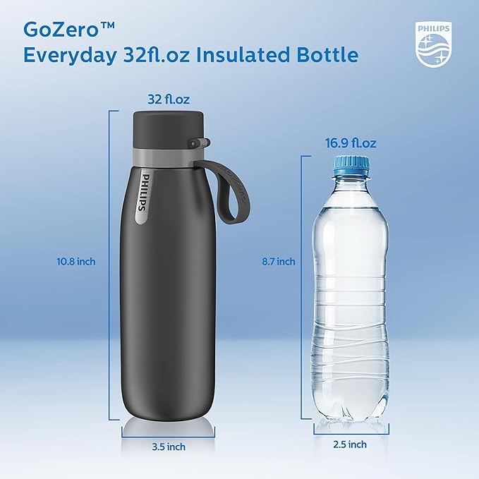 PHILIPS Water Bottle with Filter, Filter Water Bottle Stainless Steel with GoZero Everyday BPA-Free Tap Water Filter, Water Filter Bottle Keep Drink Cold 24 Hours, 1 Filter for 40 gal / 2 Months