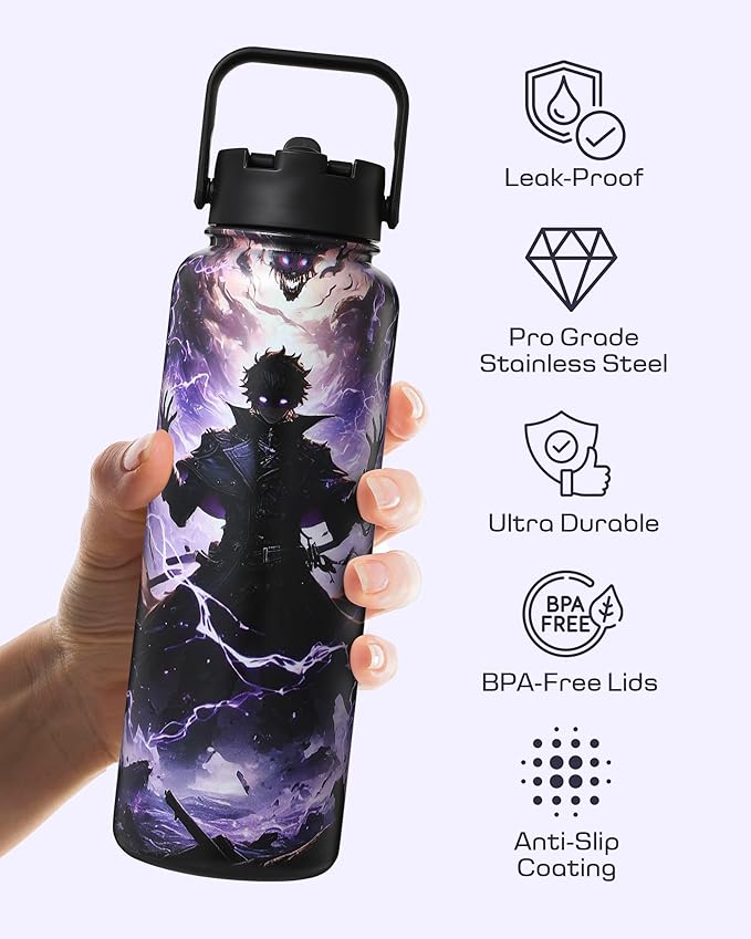 Insulated Water Bottle 40 oz –Hot and Cold Coffee Travel Drinks, Leakproof Sports Gaming & Gym Bottles, Large and Small Reusable Stainless Steel Flask with Straw – Dark Realm Awakening