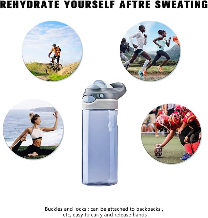 DEARART 2-Pack Blue and Grey Water Bottles No Straw, 100% Leakproof Lockable Button Flip Up Lid Clear Bottle, Has Handle Easy Carry for Sport Office School, 20oz.