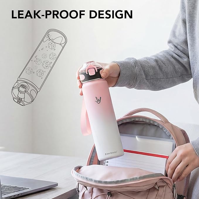 Enerbone 32 oz Insulated Water Bottle, 32oz 2 Lids (with Straw/No Straw), Stainless Steel Double Wall Flask for Hot & Cold Drinks, Leakproof Travel Bottle for Gym, Office, Hiking