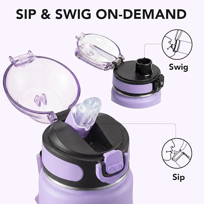 Enerbone 24 oz Insulated Water Bottle, 24oz 2 Lids (with Straw/No Straw), Stainless Steel Double Wall Flask for Hot & Cold Drinks, Leakproof Travel Bottle for Gym, Office, Hiking