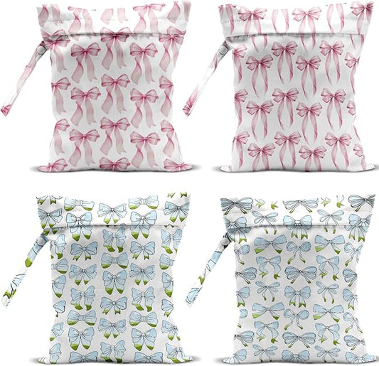 4 Pack Cute Pink Blue Bow Watercolor Bow Wet Bag Waterproof Reusable Wet Dry Bag for Swimsuit Dirty Clothes Diaper Beach Pool Party Camping Gift for Women Mommy Christmas Wedding Bachelorette Party