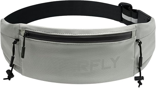 WATERFLY Running Belt Fanny Pack: Breathable 3 Pocket Waist Bag for Men Women Workout Exercise Fitness Phone Holder Fits All Phones - Runner Marathon Jogging Race Belt with Bib Clip Gray