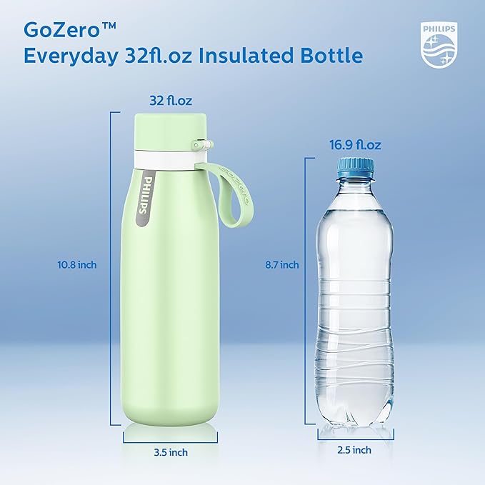 PHILIPS Water Bottle with Filter, Filter Water Bottle Stainless Steel with GoZero Everyday BPA-Free Tap Water Filter, Water Filter Bottle Keep Drink Cold 24 Hours, 1 Filter for 40 gal / 2 Months