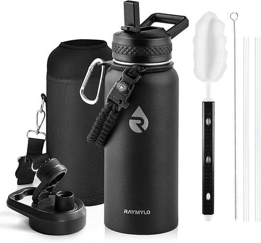 Insulated Water Bottle 32 oz, Triple Wall Vacuum Stainless Steel (Cold for 48 Hrs), Leak Proof & Non-BPA, Modern Water Flask Jug with Paracord Handle & Straw Spout Lids, Magic Black