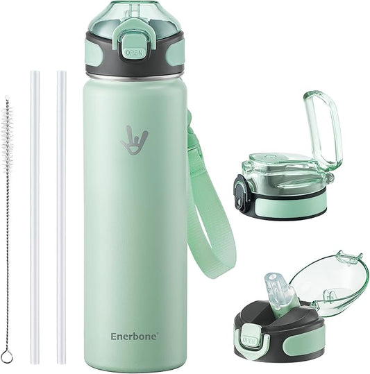 Enerbone 24 oz Insulated Water Bottle, 24oz 2 Lids (with Straw/No Straw), Stainless Steel Double Wall Flask for Hot & Cold Drinks, Leakproof Travel Bottle for Gym, Office, Hiking