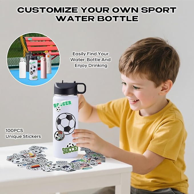Soccer Water Bottles for Boys 18 oz and 100 PCS Soccer Stickers Sports Insulated Stainless Steel Water Bottle Accessories Stuff Gear Gifts For 8-12 12-14 Player