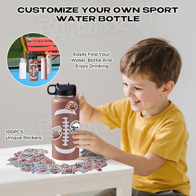 Football Water Bottles for Boys 32 oz and 100 PCS Football Stickers Sports Insulated Stainless Steel Water Bottle Footballs Accessories Stuff Gear Gifts For 8-12 12-14 Player