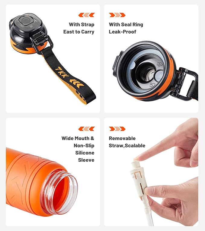 TKK Sports Water Bottles with Removable Straw 29 oz Leak-proof Flip Top Lid BPA Free Tritan Bottles with Strap for School, Fitness, Gym, Outdoor, Orange-Black