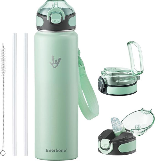 Enerbone 32 oz Insulated Water Bottle, 32oz 2 Lids (with Straw/No Straw), Stainless Steel Double Wall Flask for Hot & Cold Drinks, Leakproof Travel Bottle for Gym, Office, Hiking
