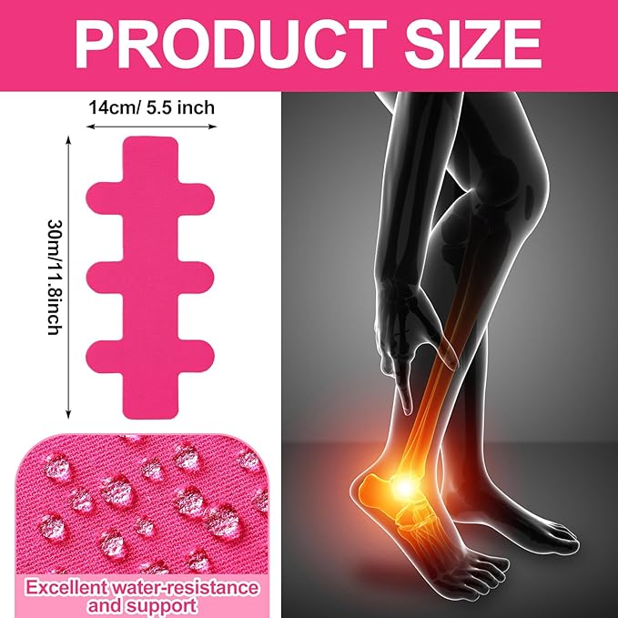 30 Pcs Achilles Tendonitis Kinesiology Tape Precut Achilles Tendon Ankle Tape Latex Free for Sprained Ankle Relief Muscle Support Foot Pain Athletic Sport (Hot Pink)