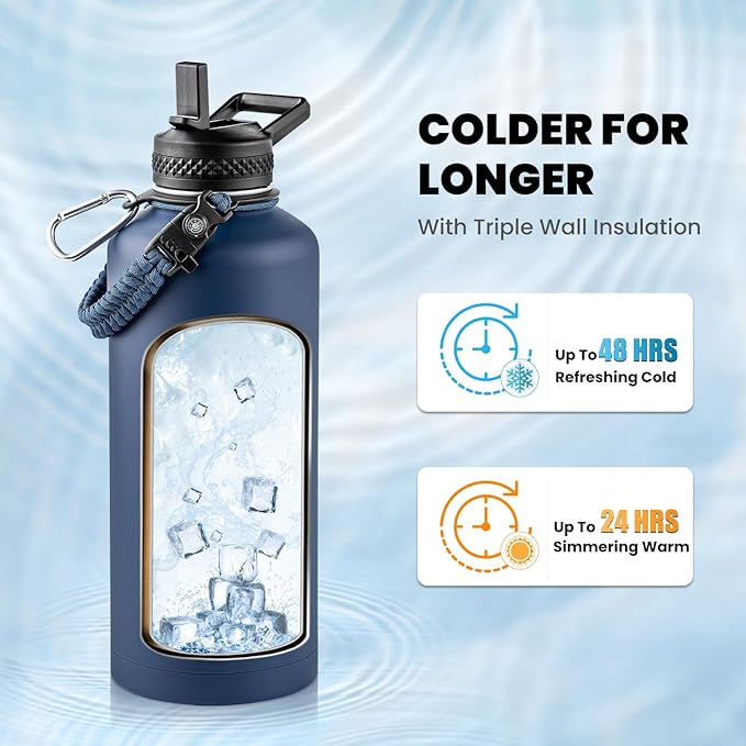 Insulated Water Bottle 87 oz, Triple Wall Vacuum Stainless Steel (Cold for 48 Hrs), Leak Proof & Non-BPA, Modern Water Flask Jug with Paracord Handle & Straw Spout Lids, Navy Blue