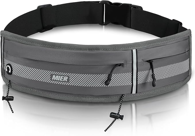 MIER Running Belt for Men Women Slim Fanny Pack Phone Holder Jogging Pouch with Marathon Bib Clip Runner Waist Pack for Walking Cycling for Keys, Cards & Essentials (Gray)